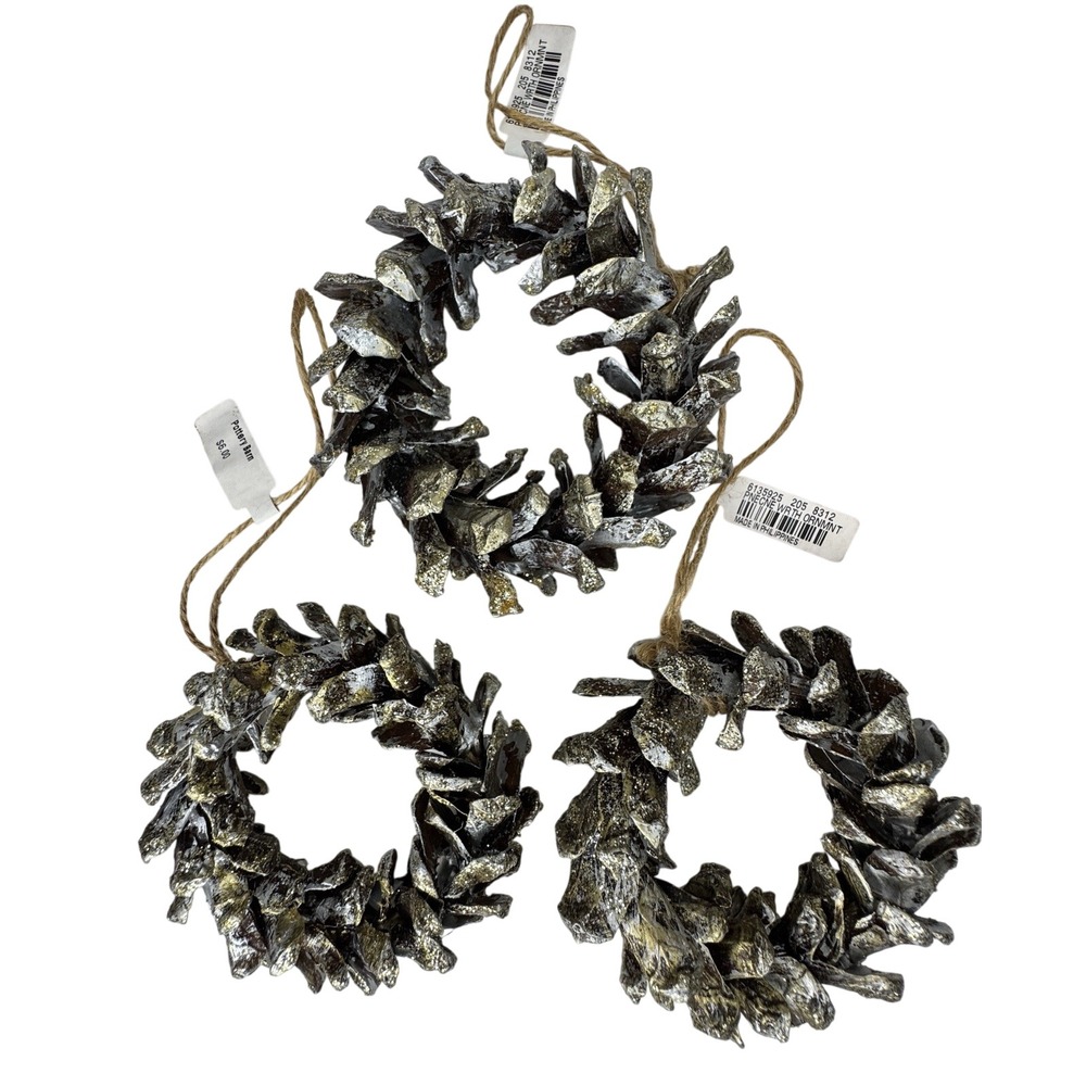 Vintage Pottery Barn Mini Pinecone Wreath Ornaments Set of 3 Gold‎ Glitter